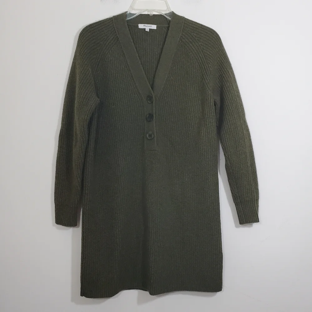 Madewell Womens Henley Sweater Dress Merino Wool Blend Olive Green Brown Size XS - Picture 2 of 10